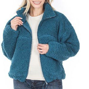 Zenana Zipper Sherpa Jacket With Pockets Teal S M L XL